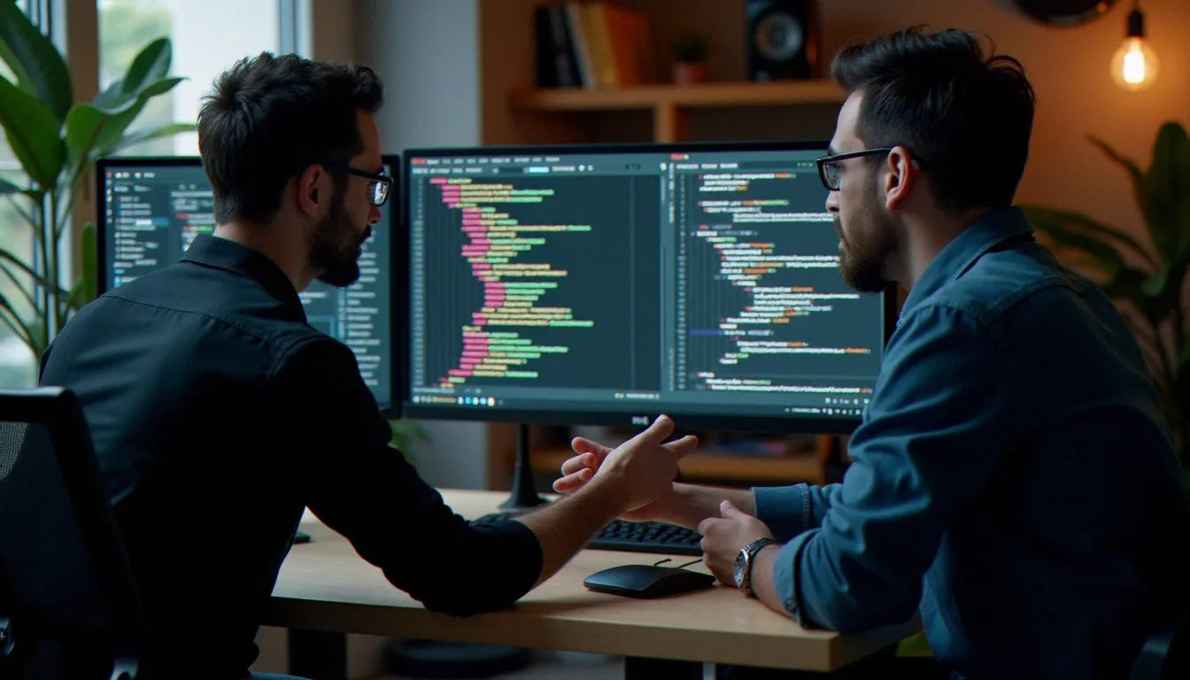 Deux développeurs en revue de code examinant des blocs commentés avec des annotations colorées dans un éditeur VSCode