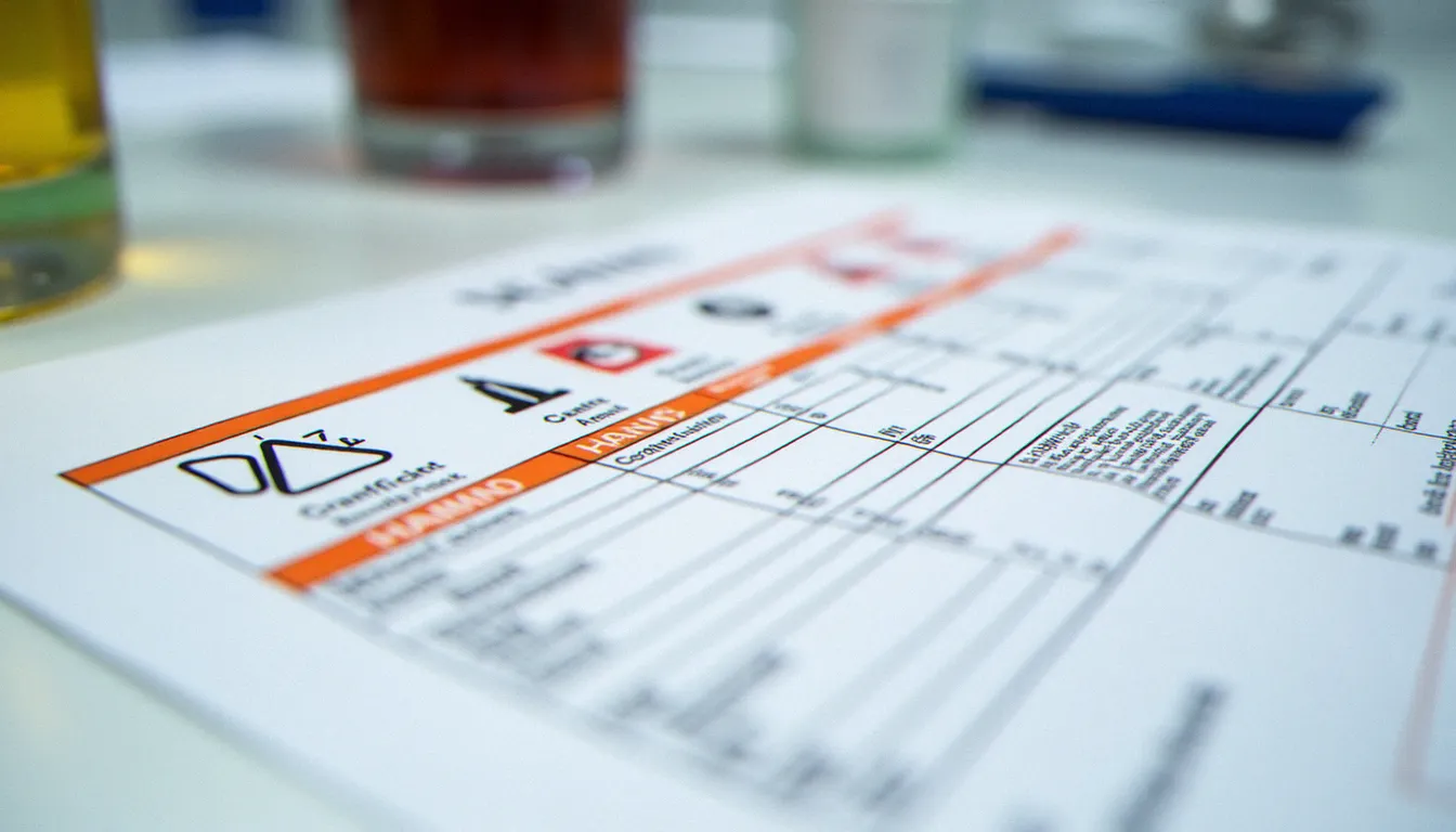 Fiche de données de sécurité avec classification group danger name et pictogrammes SGH sur un bureau de laboratoire professionnel