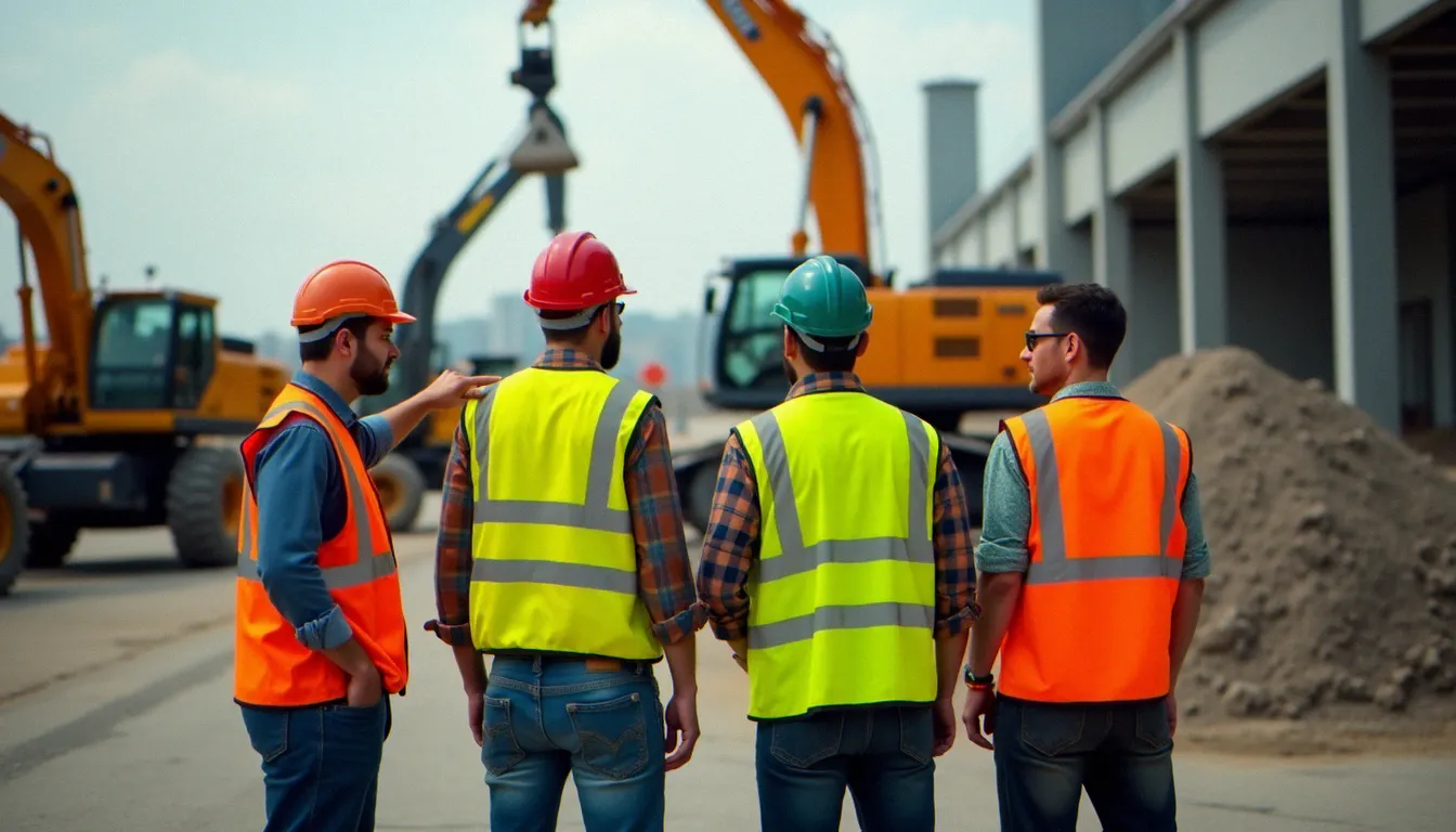 Groupe de travailleurs en équipements de protection individuelle photographiés près d'une machine industrielle, illustrant une situation de group danger photo sur chantier