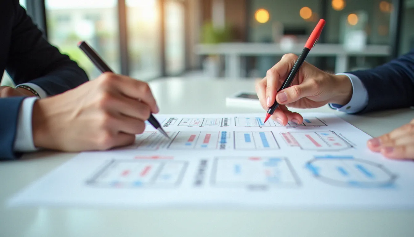 Mains tenant un canevas de modèle économique annoté au stylo rouge, représentant l'étape de définition du modèle avant de lancer une activité