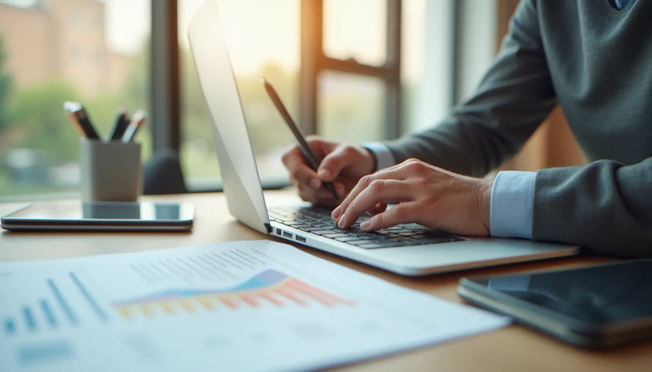 Mains d'un dirigeant complétant le formulaire de contact Business France sur un ordinateur portable dans un bureau lumineux