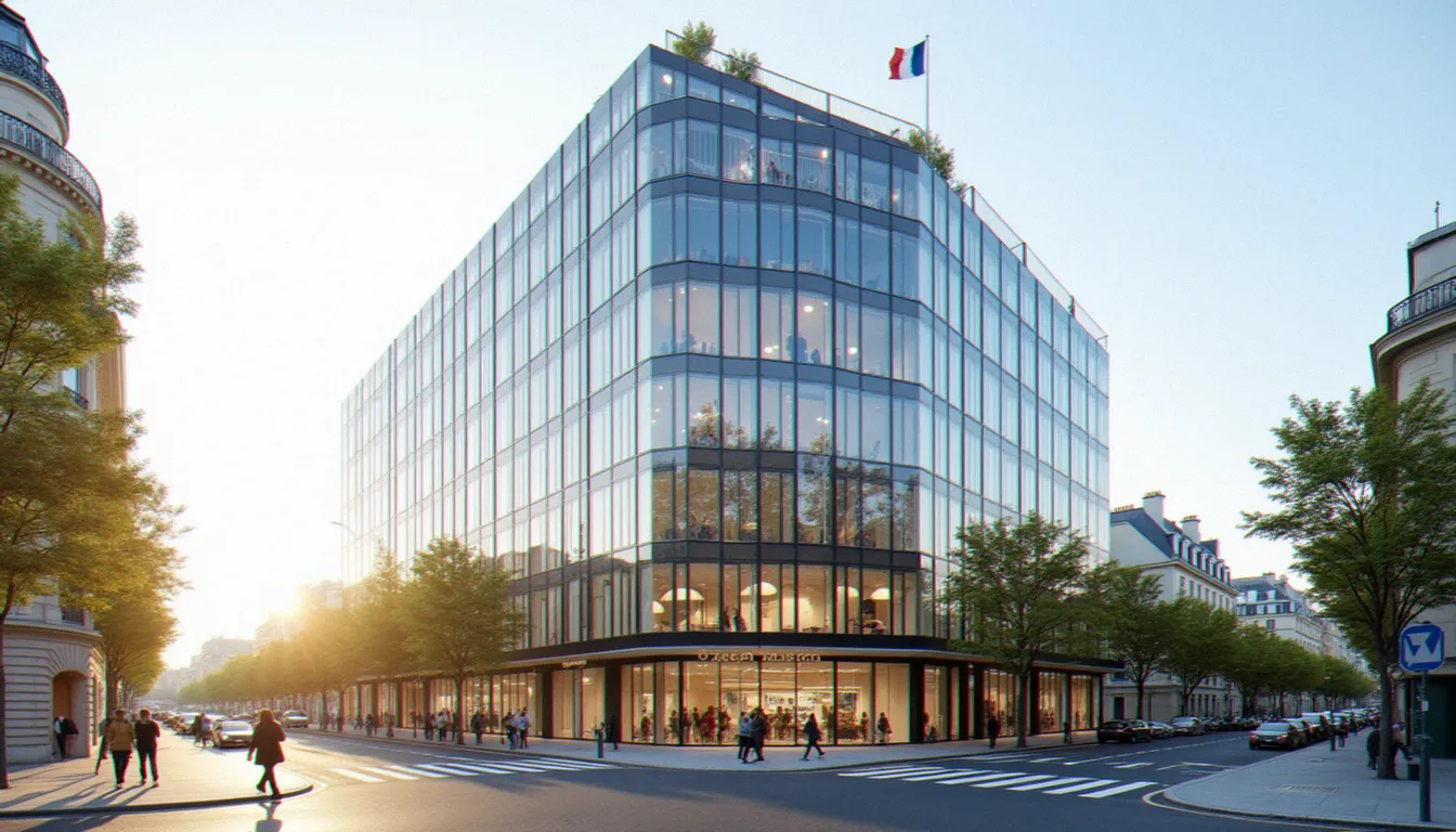 Façade du siège de Business France Contact situé avenue du Président Wilson à Paris, sous un ciel dégagé, avec drapeau français en façade