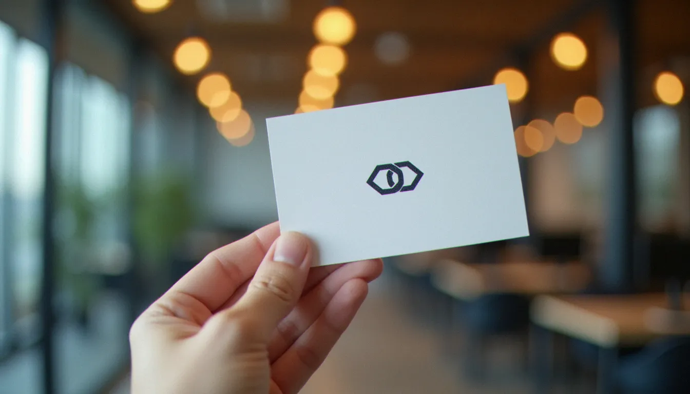 Main tenant une carte de visite avec un pictogramme géométrique minimaliste, illustrant la déclinaison physique d'un logo B2B français