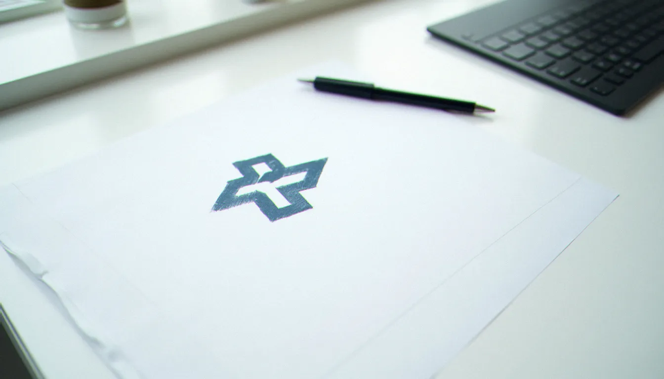 Vue plongeante sur un bureau épuré avec un croquis de logo en bleu foncé sur papier blanc, illustrant la création d'un business France logo en contexte professionnel