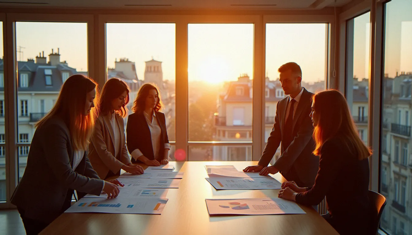 Équipe de dirigeants analysant les indicateurs du business France recrutement autour d'une table dans un bureau parisien